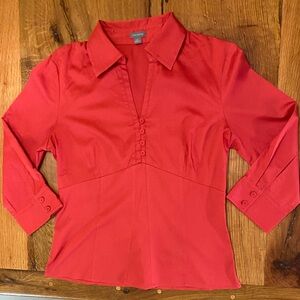 Ann Taylor Tomato Red V-Neck Stretch Cotton Top, Side Zipper, Size Medium